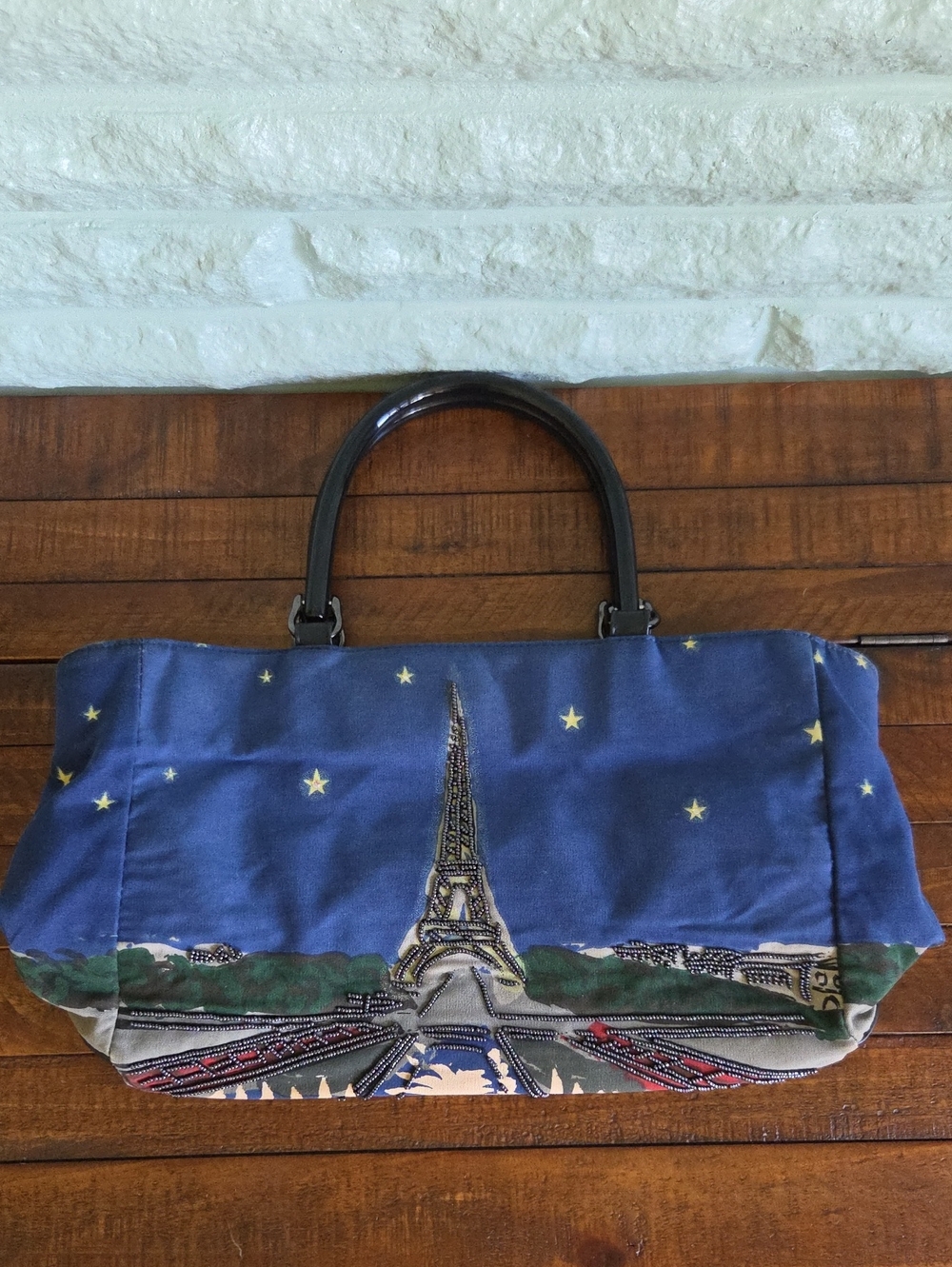 St Johns Bay Blue Eiffel Tower Beaded Tote Shoulder Bag Purse